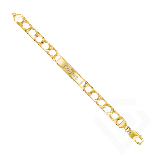 9ct Gold Plain & Bark Casted Curb Baby ID Bracelet – Engravable Identity Plate