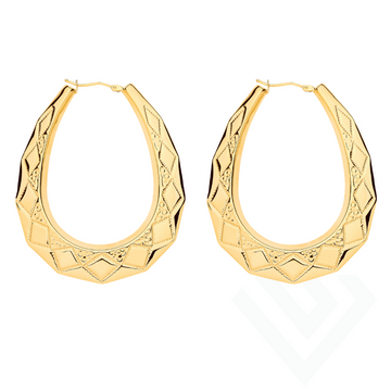 9ct Yellow Gold Diamond Cut Pattern Large Creole Earrings – 55mm x 45mm