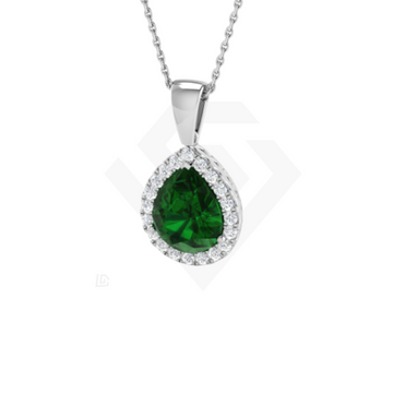 2.4ct Pear Lab Emerald & Diamond Halo Pendant in 9ct White Gold