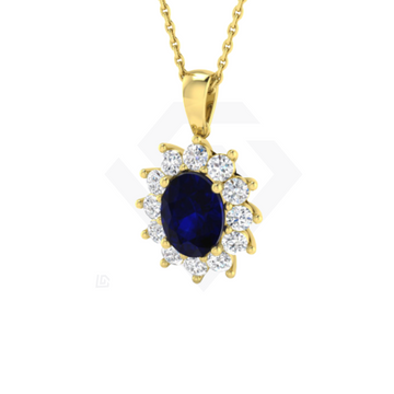 2.3ct Lab Blue Sapphire & Diamond Halo Pendant in 9k Yellow Gold
