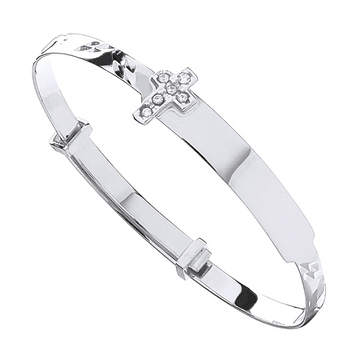 9ct White Gold Diamond-Cut Expandable Baby Bangle with CZ Cross