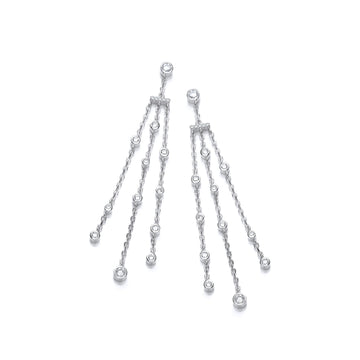 Sterling Silver Three Strings Rubover Cubic Zirconia Drop Earrings