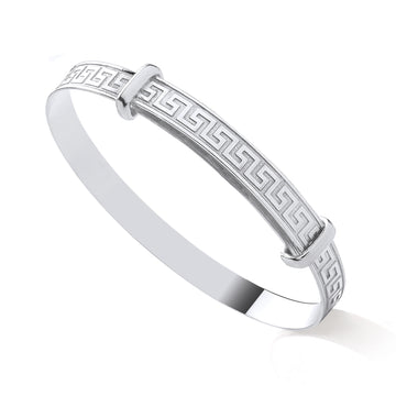 Sterling Silver 4mm Greek Key Expanding Baby Bangle – Elegant Newborn Gift with Timeless Design