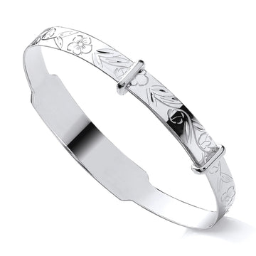 Sterling Silver Floral Patterned Engravable ID Expanding Baby Bangle – Personalised Keepsake Gift