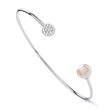 Sterling Silver Ladies Faux Pearl & CZ Bangle: