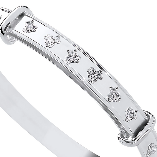 Sterling Silver 4mm Teddy Bear Expanding Baby Bangle – Adjustable Keepsake Gift