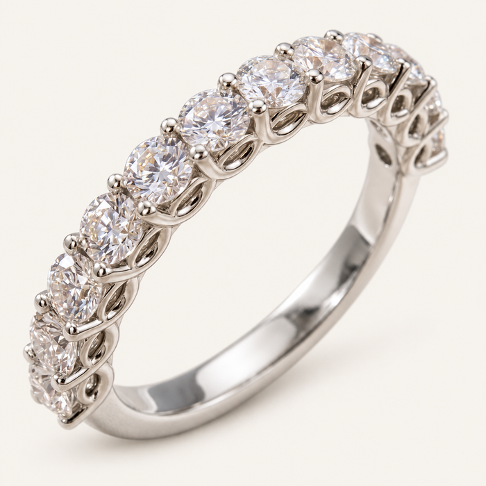1.5ct Lab-Grown Diamond Half Eternity Ring – Round Detail in white metal on an ivory background