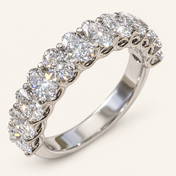 2ct Lab-Grown Diamond Half Eternity Ring – Oval Detail in white metal on an ivory background