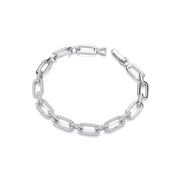 Sterling Silver Rectangle Link Cubic Zirconia Ladies Bracelet