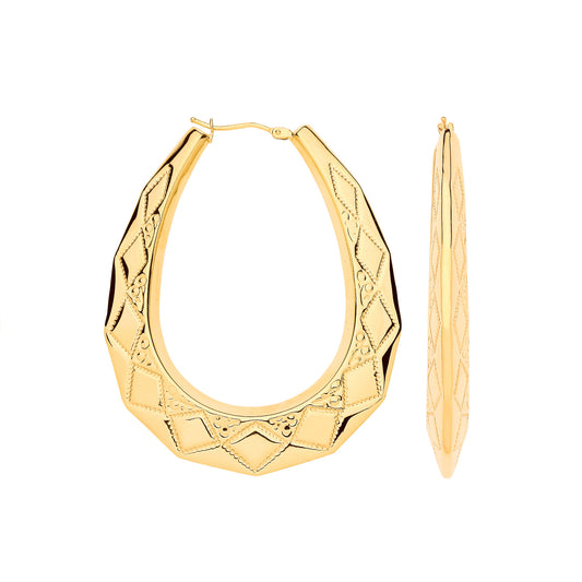 9ct Yellow Gold Diamond Cut Pattern Large Creole Earrings – 55mm x 45mm