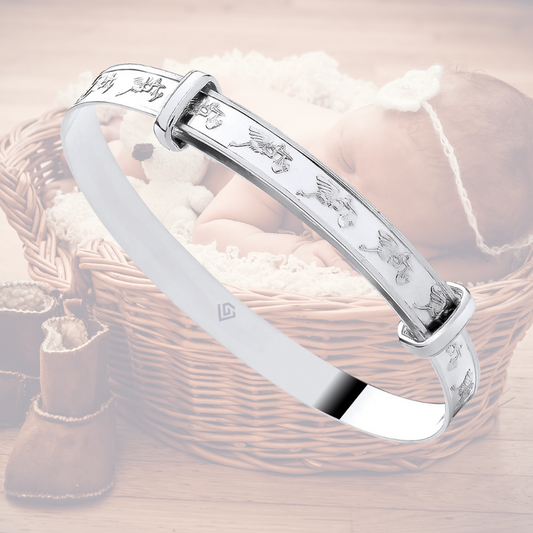 Sterling Silver 925 Expandable Baby Bangle with Cherub Motif Pattern