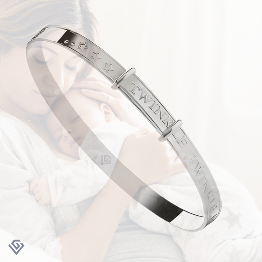 Sterling Silver 925 Expandable Baby Bangle – “Twinkle Twinkle” Engraved with Stars