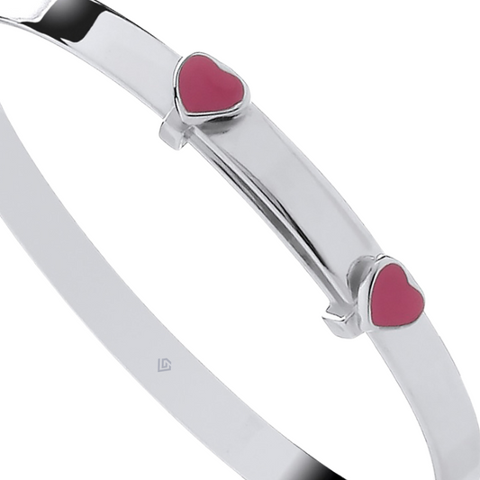 Sterling Silver 925 Personalised Expandable Pink Enamel Heart Baby ID Bangle