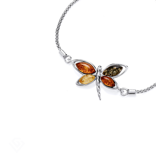 Sterling Silver Natural Baltic Amber Dragonfly Pull Style Bracelet