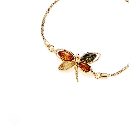 Gold On Sterling Silver Natural Baltic Amber Dragonfly Pull Style Bracelet  Description