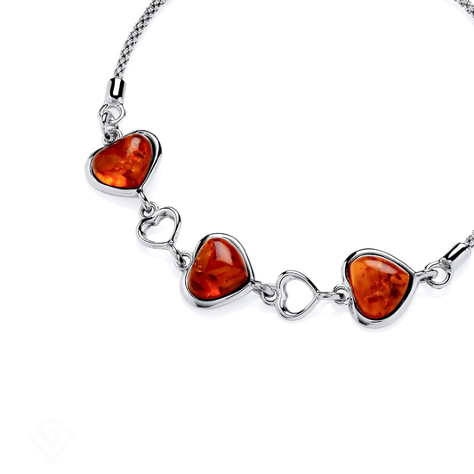 Sterling Silver Natural Baltic Amber Heart Pull Style Bracelet