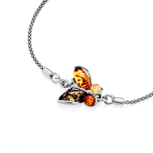 Sterling Silver Natural Baltic Amber Butterfly Pull Style Bracelet