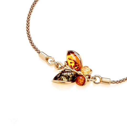 Gold On Sterling Silver Natural Baltic Amber Butterfly Pull Style Bracelet