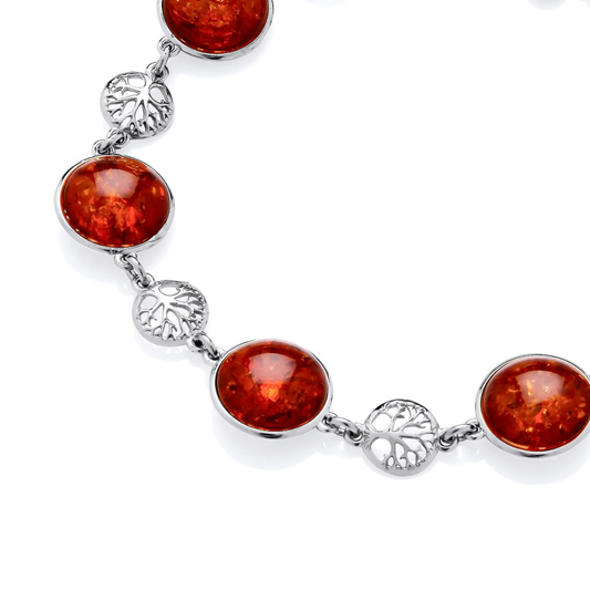 Sterling Silver Natural Baltic Amber Tree Of Life Bracelet