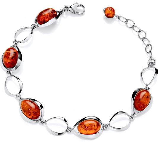 Sterling Silver Natural Baltic Amber Oval Cabochon Bracelet