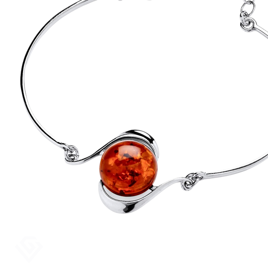 Sterling Silver Natural Baltic Amber Cabochon Bracelet Bangle