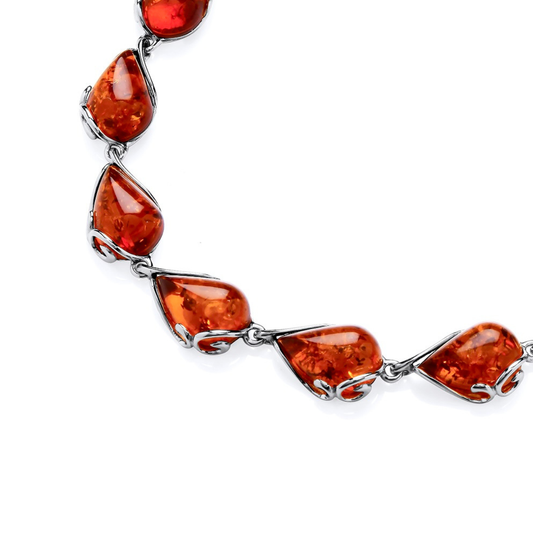 Sterling Silver Natural Baltic Amber Teardrop Floral Bracelet