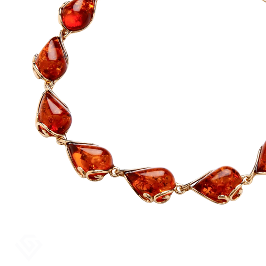Gold On Sterling Silver Natural Baltic Amber Teardrop Floral Bracelet
