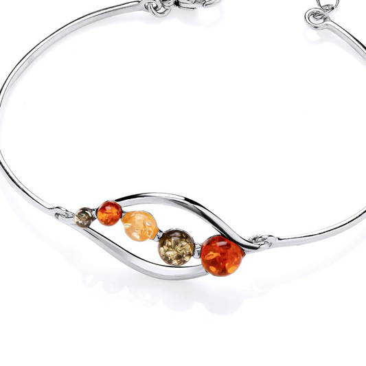 Sterling Silver Natural Baltic Amber Fancy Bracelet Bangle