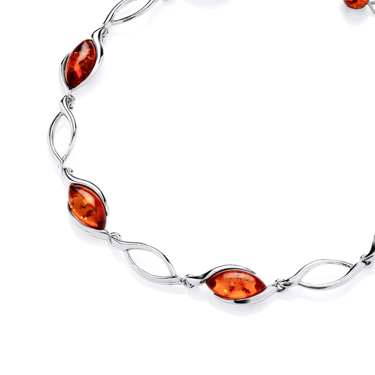 Sterling Silver Natural Baltic Amber Marquise Link Bracelet