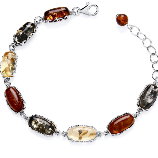 Sterling Silver Natural Baltic Amber Multi Oblong Bracelet