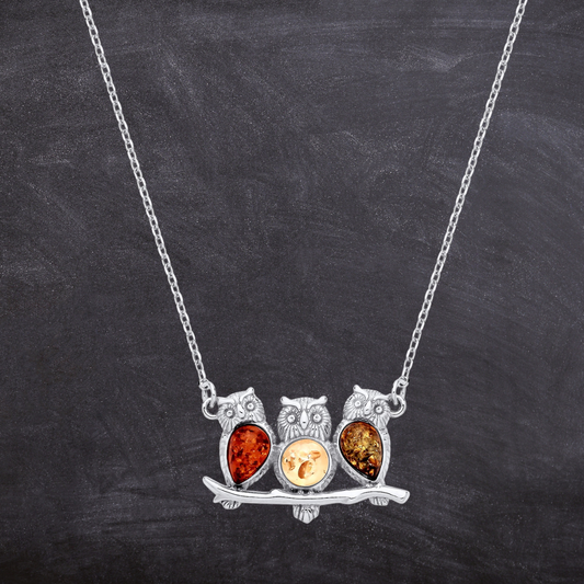 Sterling Silver Natural Baltic Amber Owl Necklace
