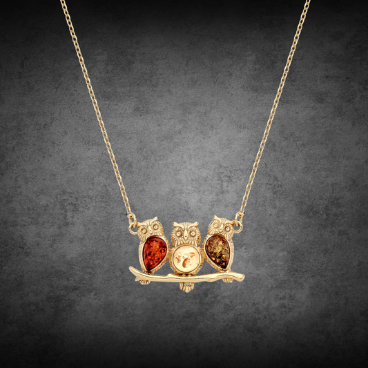 Gold On Sterling Silver Natural Baltic Amber Owl Necklace