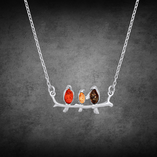 Sterling Silver Natural Baltic Amber Birds On A Branch Necklace