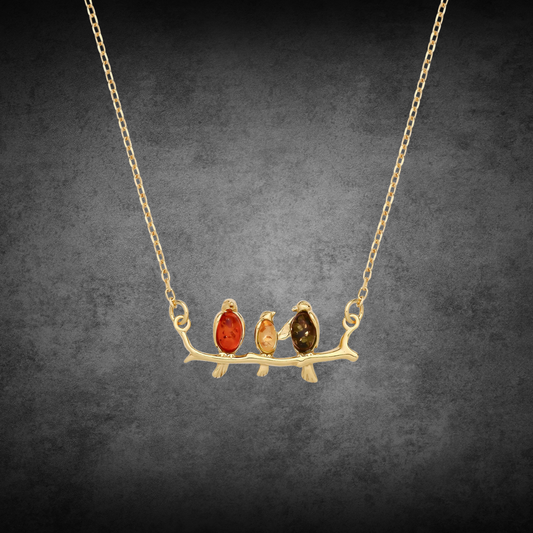 Gold On Sterling Silver Natural Baltic Amber Birds On A Branch Necklace