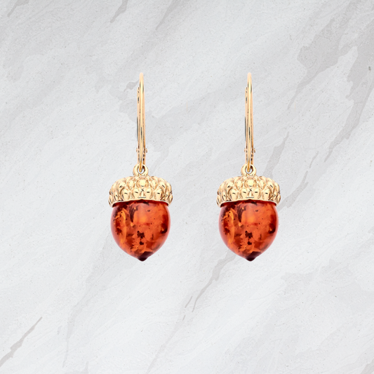 Gold On Sterling Silver Natural Baltic Amber Acorn Drop Earrings