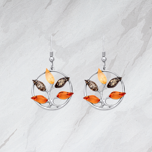 Sterling Silver Natural Baltic Amber Multi Leaf Drop Earrings