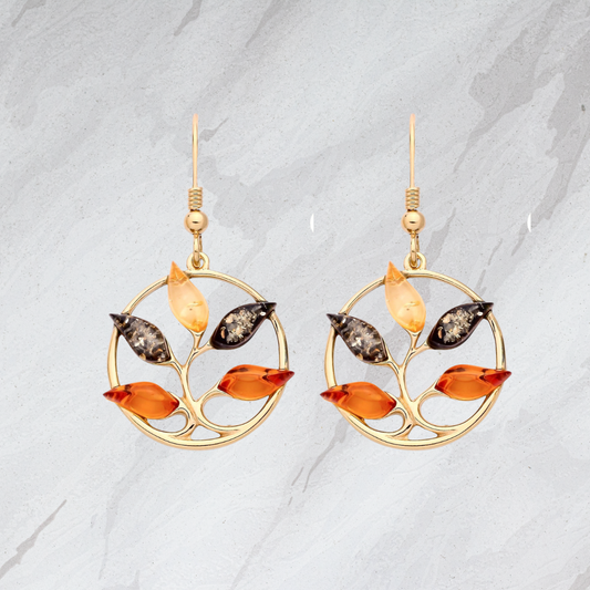 Gold On Sterling Silver Natural Baltic Amber Multi Leaf Drop Earrings