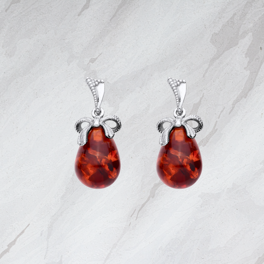 Sterling Silver Natural Baltic Amber Bow Ribbon Drop Earrings