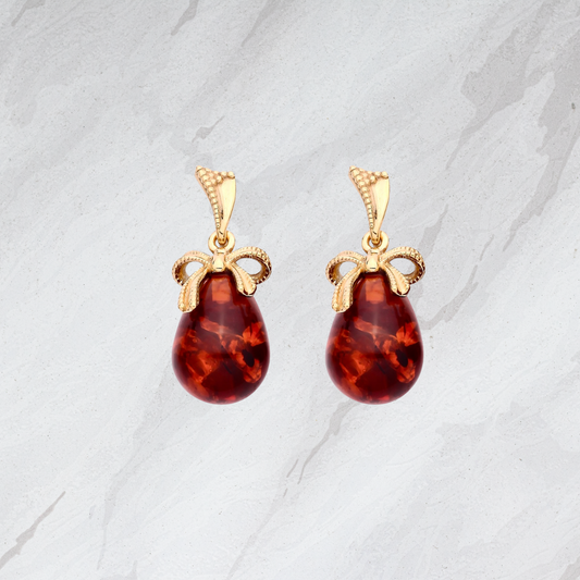 Gold On Sterling Silver Natural Baltic Amber Bow Ribbon Drop Earrings