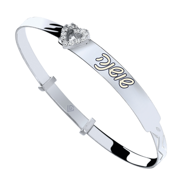 Sterling Silver 925 Personalised CZ Heart Baby ID Bangle-Hebrew Engraving