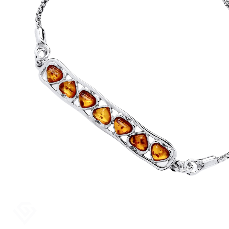 Sterling Silver Natural Baltic Amber Heart Bar Pull Style Bracelet