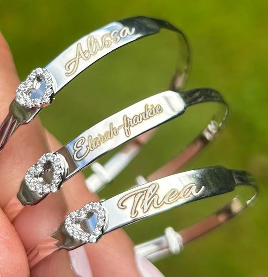 Sterling Silver 925 Personalised CZ Heart Baby Bangle