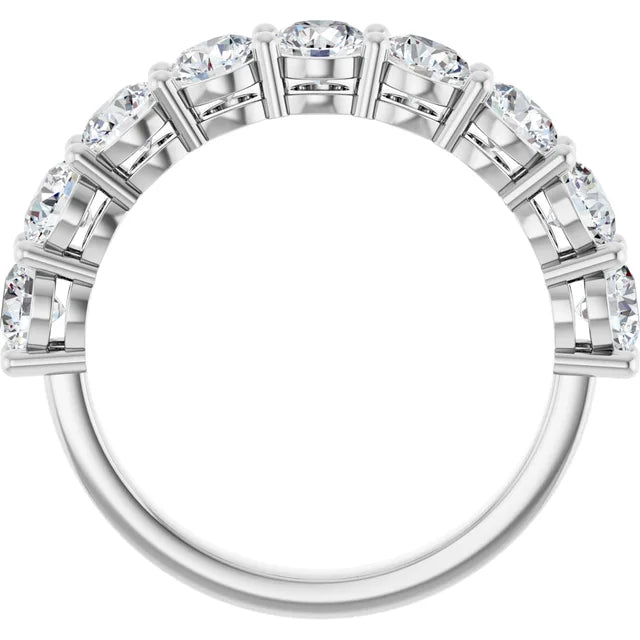 Side profile of a 3ct round lab-grown diamond half eternity ring in white metal