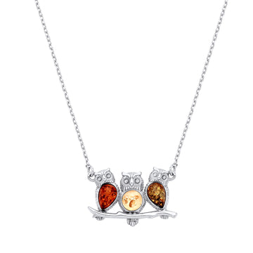 Sterling Silver Natural Baltic Amber Owl Necklace