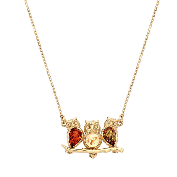 Gold On Sterling Silver Natural Baltic Amber Owl Necklace