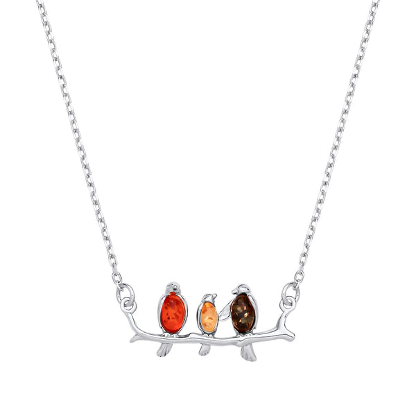 Sterling Silver Natural Baltic Amber Birds On A Branch Necklace