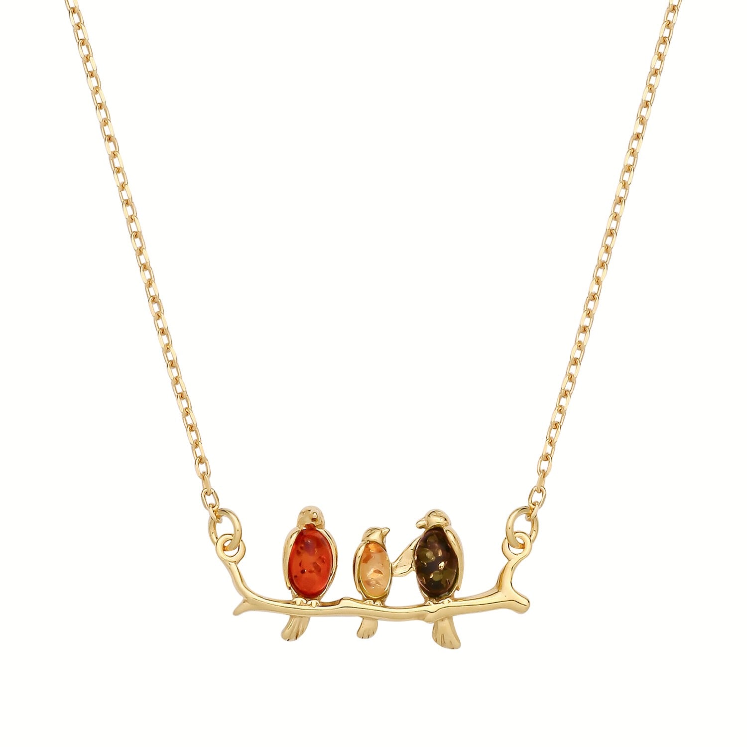 Gold On Sterling Silver Natural Baltic Amber Birds On A Branch Necklace