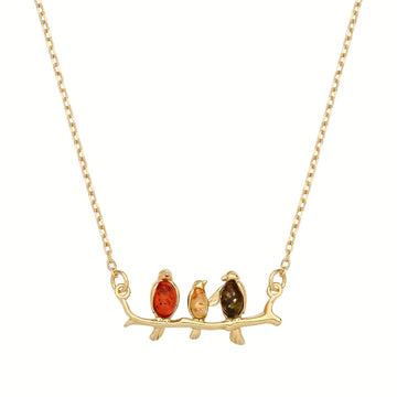 Gold On Sterling Silver Natural Baltic Amber Birds On A Branch Necklace