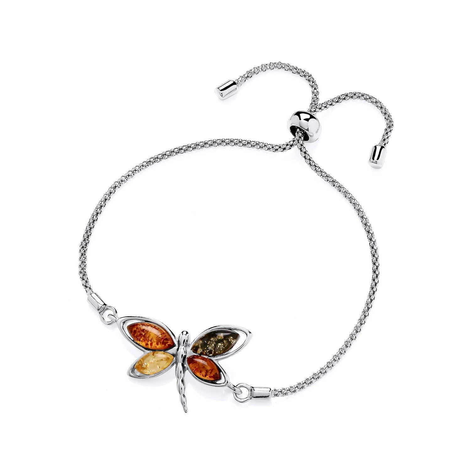 Sterling Silver Natural Baltic Amber Dragonfly Pull Style Bracelet