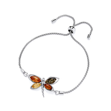 Sterling Silver Natural Baltic Amber Dragonfly Pull Style Bracelet